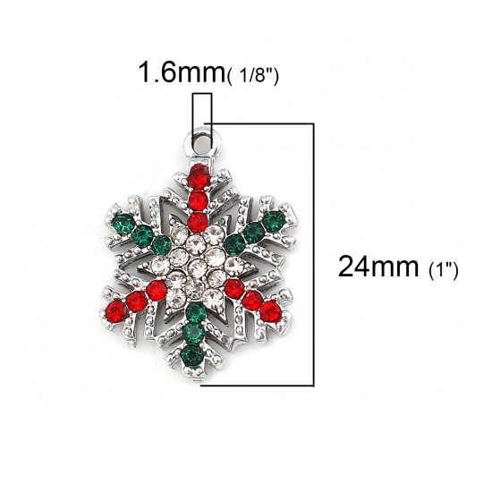 Picture of Zinc Based Alloy Charms Christmas Snowflake Silver Tone Clear Rhinestone 24mm(1") x 19mm( 6/8"), 5 PCs