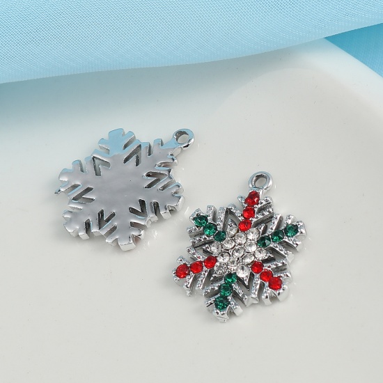 Bild von Zinklegierung Charms Weihnachten Schneeflocke Silberfarbe Transparent Strass 24mm x 19mm, 5 Stück