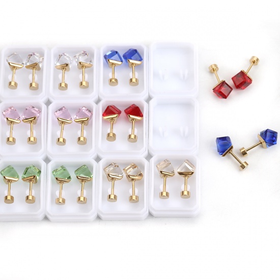 Picture of 316 Stainless Steel Ear Post Stud Earrings Gold Plated Polygon Can Be Screwed Off Mixed Cubic Zirconia 16mm( 5/8") x 8mm( 3/8"), Post/ Wire Size: (18 gauge), 1 Set ( 12 Pairs/Set)