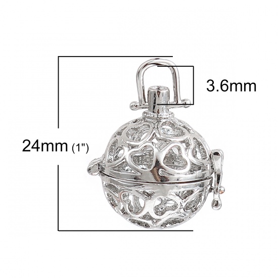 Picture of Zinc Based Alloy Pendants Mexican Angel Caller Bola Harmony Ball Wish Box Locket Heart Silver Tone Can Open (Fits 12mm Beads) (Can Hold ss5 Pointed Back Rhinestone) 24mm(1") x 19mm( 6/8"), 30 PCs