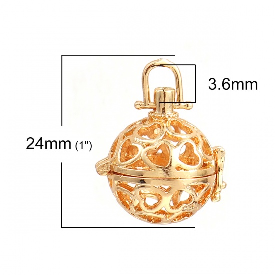 Picture of Zinc Based Alloy Pendants Mexican Angel Caller Bola Harmony Ball Wish Box Locket Heart Gold Plated Can Open (Fits 12mm Beads) (Can Hold ss5 Pointed Back Rhinestone) 24mm(1") x 19mm( 6/8"), 30 PCs