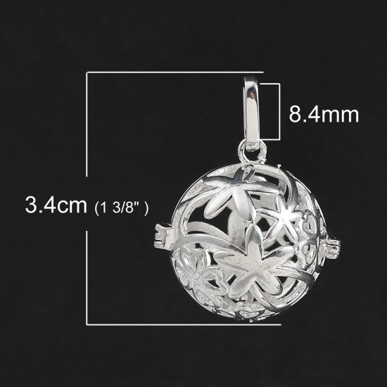 Picture of Zinc Based Alloy Pendants Mexican Angel Caller Bola Harmony Ball Wish Box Locket Flower Silver Plated Can Open (Fits 18mm Beads) 34mm(1 3/8") x 26mm(1"), 30 PCs