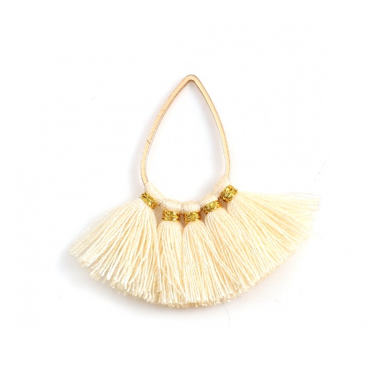 Picture of Zinc Based Alloy & Cotton Tassel Pendants Fan-shaped Gold Plated Off-white 37mm(1 4/8") x 35mm(1 3/8"), 5 PCs