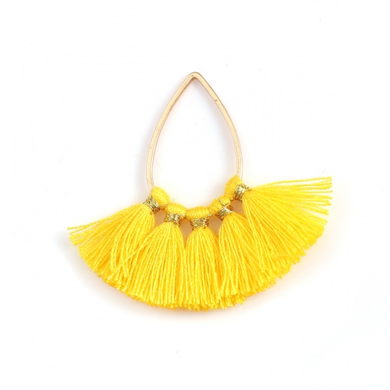 Picture of Zinc Based Alloy & Cotton Tassel Pendants Fan-shaped Gold Plated Yellow 37mm(1 4/8") x 35mm(1 3/8"), 5 PCs