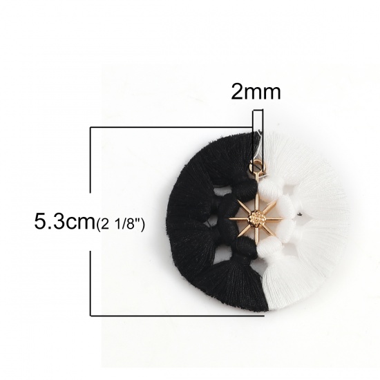 Picture of Polyester Tassel Pendants Round Gold Plated Black & White 5.3cm(2 1/8"), 2 PCs