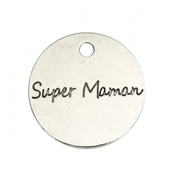 Immagine di Lega di Zinco Charms Tondo Argento Antico Lettere " Super Maman " 20mm Dia, 10 Pz