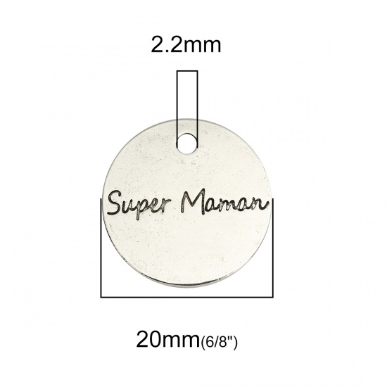 Image de Breloques en Alliage de Zinc Rond Argent Vieilli Gravé Mots " Super Maman " 20mm Dia, 10 Pcs