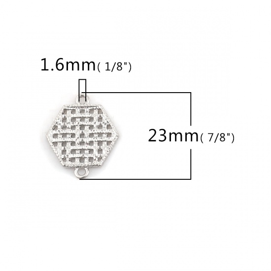 Bild von Zinklegierung Verbinder Hexagon Silberfarbe mit Gitter Muster 23mm x 19mm, 10 Stück