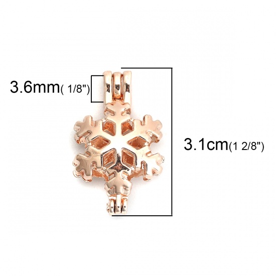 Picture of Zinc Based Alloy Wish Pearl Locket Jewelry Pendants Christmas Snowflake Rose Gold Can Open (Fit Bead Size: 8mm) 31mm(1 2/8") x 19mm( 6/8"), 3 PCs