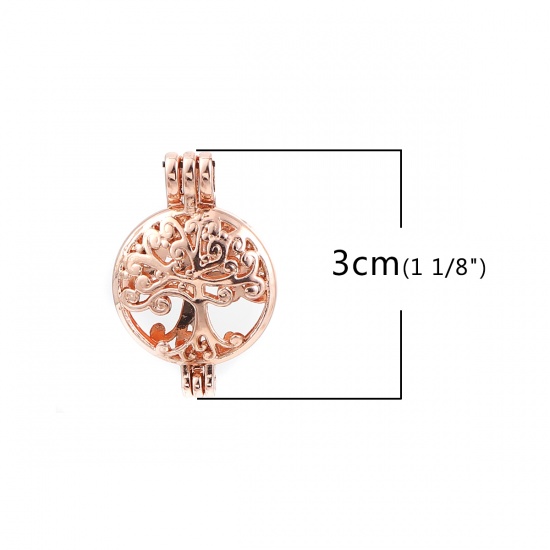 Picture of Zinc Based Alloy Wish Pearl Locket Jewelry Pendants Round Tree Rose Gold Can Open (Fit Bead Size: 8mm) 30mm(1 1/8") x 20mm( 6/8"), 3 PCs