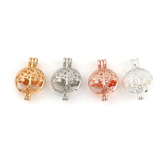 Picture of Zinc Based Alloy Wish Pearl Locket Jewelry Pendants Round Tree Rose Gold Can Open (Fit Bead Size: 8mm) 30mm(1 1/8") x 20mm( 6/8"), 3 PCs