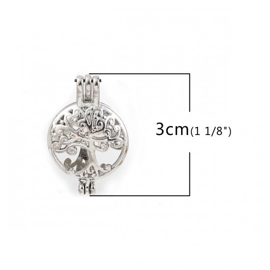Picture of Zinc Based Alloy Wish Pearl Locket Jewelry Pendants Round Tree Silver Tone Can Open (Fit Bead Size: 8mm) 30mm(1 1/8") x 20mm( 6/8"), 3 PCs