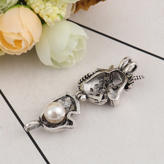 Picture of Zinc Based Alloy Wish Pearl Locket Jewelry Pendants Horse Animal Heart Antique Silver Can Open (Fit Bead Size: 6mm) 28mm(1 1/8") x 19mm( 6/8"), 3 PCs