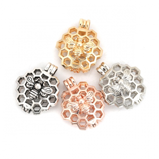 Picture of Zinc Based Alloy Wish Pearl Locket Jewelry Pendants Honeycomb Bee Antique Silver Can Open (Fit Bead Size: 8mm) 26mm(1") x 22mm( 7/8"), 3 PCs