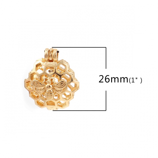 Picture of Zinc Based Alloy Wish Pearl Locket Jewelry Pendants Honeycomb Bee Gold Plated Can Open (Fit Bead Size: 8mm) 26mm(1") x 22mm( 7/8"), 3 PCs