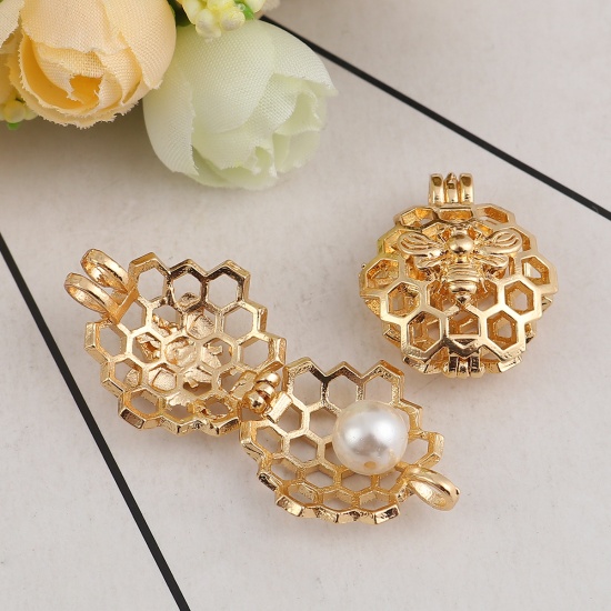 Picture of Zinc Based Alloy Wish Pearl Locket Jewelry Pendants Honeycomb Bee Gold Plated Can Open (Fit Bead Size: 8mm) 26mm(1") x 22mm( 7/8"), 3 PCs