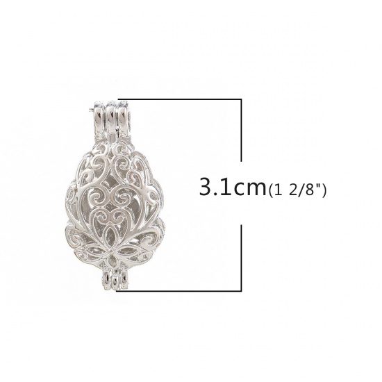 Bild von Zinklegierung Wunsch Perlenkäfig Schmuck Anhänger Tropfen Blumen Versilbert Zum Öffnen (Für Perlengröße: 6mm) 31mm x 16mm, 3 Stück