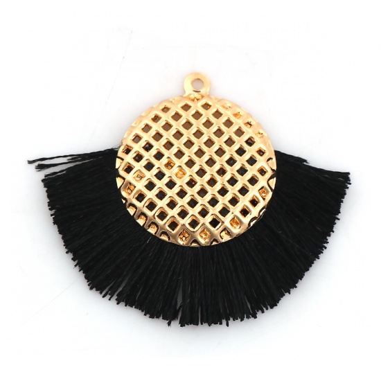 Picture of Polyester Tassel Pendants Round Gold Plated Black 40mm(1 5/8") x 33mm(1 2/8"), 3 PCs