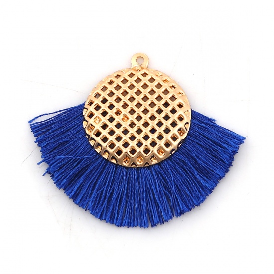 Picture of Polyester Tassel Pendants Round Gold Plated Royal Blue 40mm(1 5/8") x 33mm(1 2/8"), 3 PCs