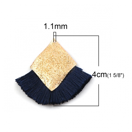 Picture of Polyester Tassel Pendants Rhombus Gold Plated Deep Blue Sparkledust 40mm(1 5/8") x 40mm(1 5/8"), 3 PCs