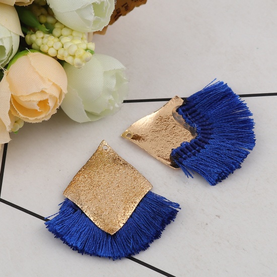 Picture of Polyester Tassel Pendants Rhombus Gold Plated Royal Blue Sparkledust 40mm(1 5/8") x 40mm(1 5/8"), 3 PCs