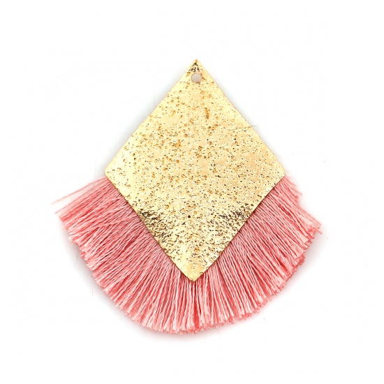 Picture of Polyester Tassel Pendants Rhombus Gold Plated Pink Sparkledust 40mm(1 5/8") x 40mm(1 5/8"), 3 PCs