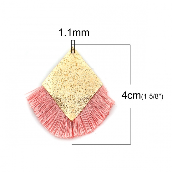 Picture of Polyester Tassel Pendants Rhombus Gold Plated Pink Sparkledust 40mm(1 5/8") x 40mm(1 5/8"), 3 PCs