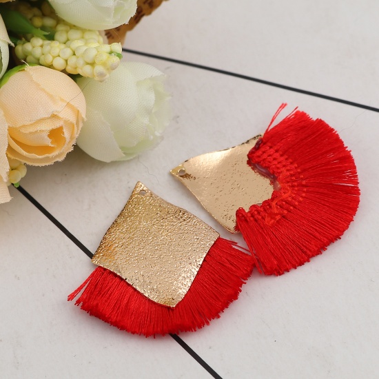 Picture of Polyester Tassel Pendants Rhombus Gold Plated Red Sparkledust 40mm(1 5/8") x 40mm(1 5/8"), 3 PCs