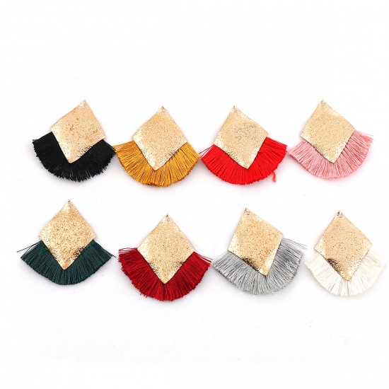 Picture of Polyester Tassel Pendants Rhombus Gold Plated Red Sparkledust 40mm(1 5/8") x 40mm(1 5/8"), 3 PCs