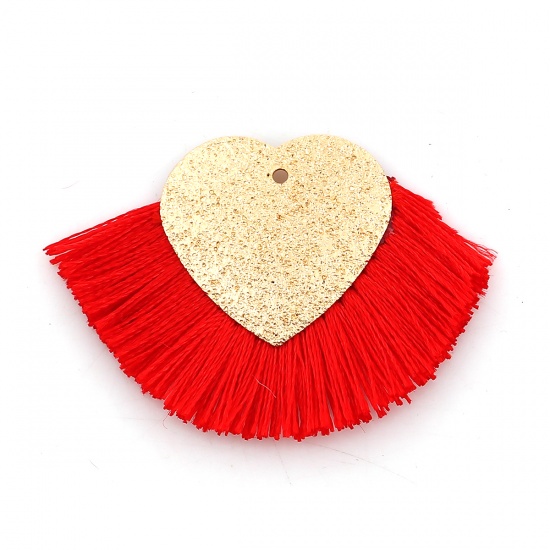 Picture of Polyester Tassel Pendants Heart Gold Plated Red Sparkledust 40mm(1 5/8") x 25mm(1"), 3 PCs