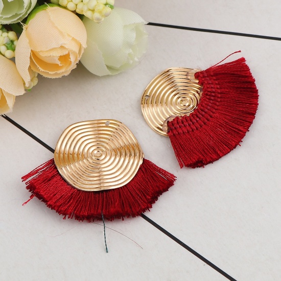 Picture of Polyester Tassel Pendants Spiral Gold Plated Wine Red 45mm(1 6/8") x 35mm(1 3/8"), 3 PCs