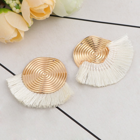 Picture of Polyester Tassel Pendants Spiral Gold Plated White 45mm(1 6/8") x 35mm(1 3/8"), 3 PCs