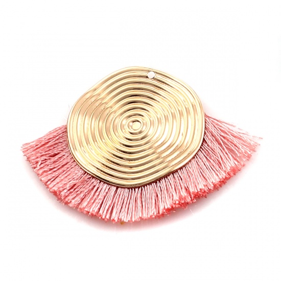 Picture of Polyester Tassel Pendants Spiral Gold Plated Pink 45mm(1 6/8") x 35mm(1 3/8"), 3 PCs