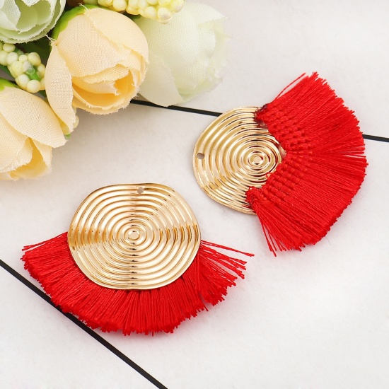 Picture of Polyester Tassel Pendants Spiral Gold Plated Red 45mm(1 6/8") x 35mm(1 3/8"), 3 PCs