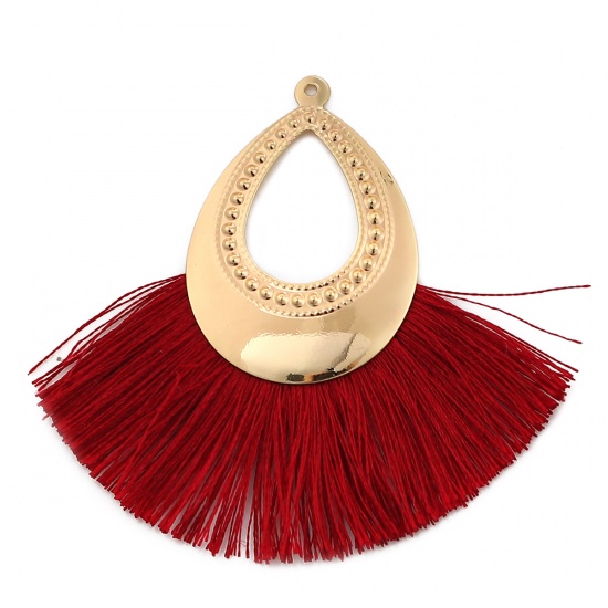 Picture of Polyester Tassel Pendants Drop Gold Plated Wine Red 60mm(2 3/8") x 55mm(2 1/8"), 3 PCs