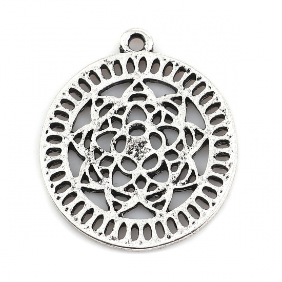Picture of Zinc Based Alloy Flower Of Life Charms Round Antique Silver Flower 28mm(1 1/8") x 24mm(1"), 10 PCs