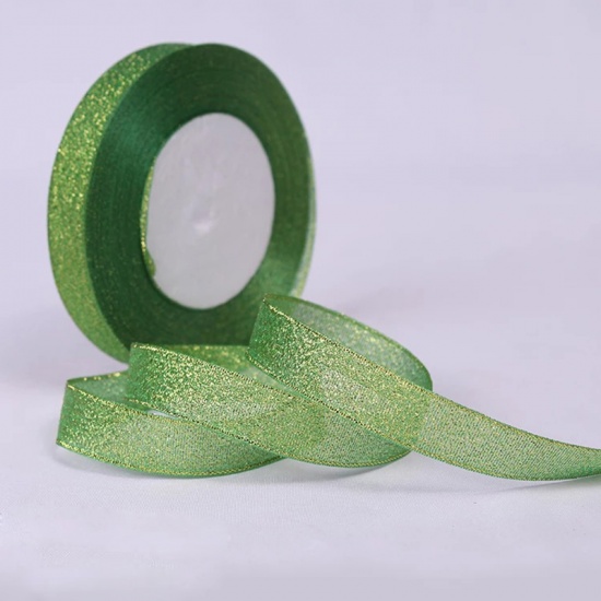 Picture of Chemical Fiber Satin Ribbon Green Glitter 15mm( 5/8"), 1 Roll (Approx 25 Yards/Roll)