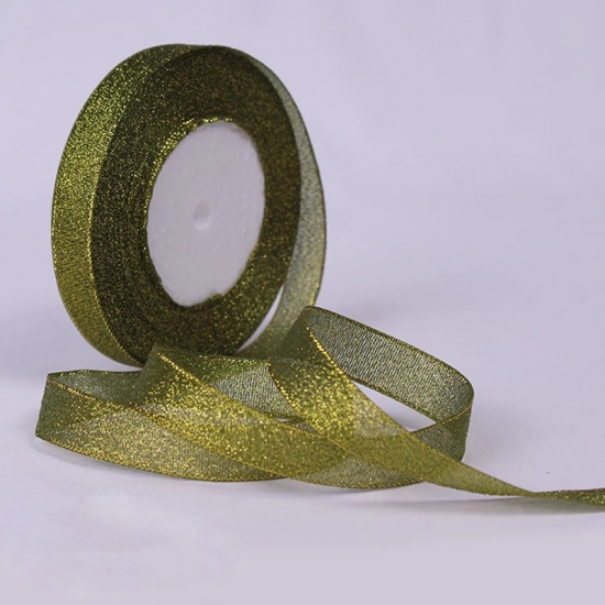 Picture of Chemical Fiber Satin Ribbon Dark Green Glitter 15mm( 5/8"), 1 Roll (Approx 25 Yards/Roll)