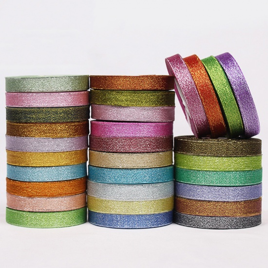 Picture of Chemical Fiber Satin Ribbon Dark Green Glitter 15mm( 5/8"), 1 Roll (Approx 25 Yards/Roll)