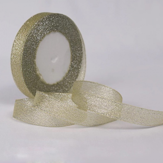 Picture of Chemical Fiber Satin Ribbon Light Gold Glitter 15mm( 5/8"), 1 Roll (Approx 25 Yards/Roll)