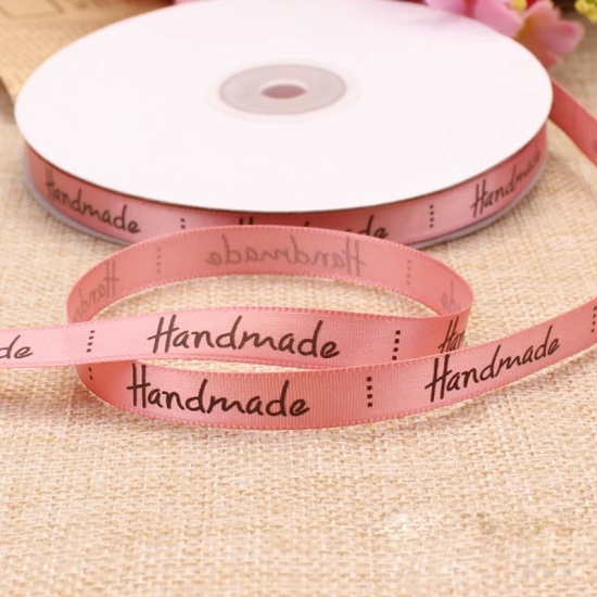 Picture of Polyester Satin Ribbon Peachy Beige Message " Handmade " 10mm( 3/8"), 1 Roll (Approx 45 M/Roll)