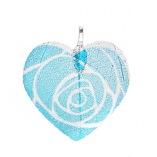 Image de Pendentifs en Laiton & Feuille Naturelle Cœur Argenté Bleu Fleurs 46mm x 41mm, 2 Pcs