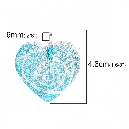 Image de Pendentifs en Laiton & Feuille Naturelle Cœur Argenté Bleu Fleurs 46mm x 41mm, 2 Pcs