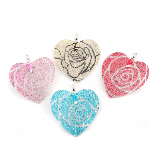 Image de Pendentifs en Laiton & Feuille Naturelle Cœur Argenté Bleu Fleurs 46mm x 41mm, 2 Pcs
