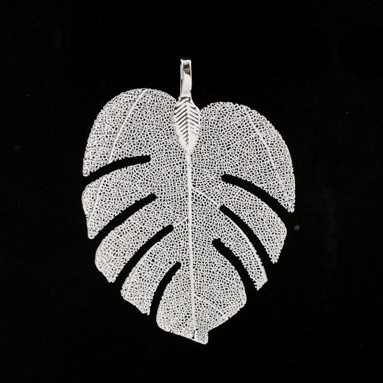 Picture of Brass & Natural Leaf Pendants Silver Plated 53mm(2 1/8") x 40mm(1 5/8"), 2 PCs                                                                                                                                                                                