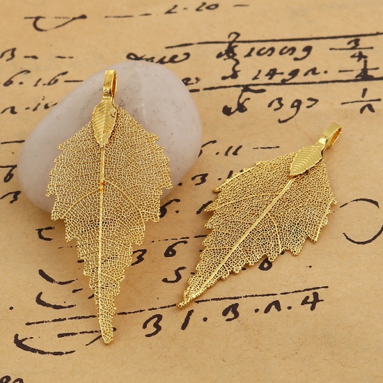 Picture of Brass & Natural Leaf Pendants Gold Plated 59mm(2 3/8") x 26mm(1"), 2 PCs                                                                                                                                                                                      