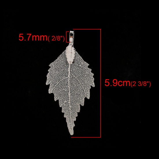 Picture of Brass & Natural Leaf Pendants Silver Tone 59mm(2 3/8") x 26mm(1"), 2 PCs                                                                                                                                                                                      