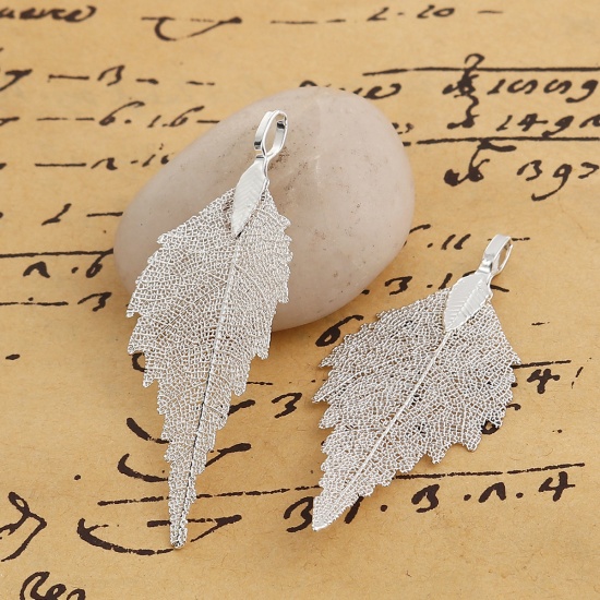 Picture of Brass & Natural Leaf Pendants Silver Plated 59mm(2 3/8") x 26mm(1"), 2 PCs                                                                                                                                                                                    