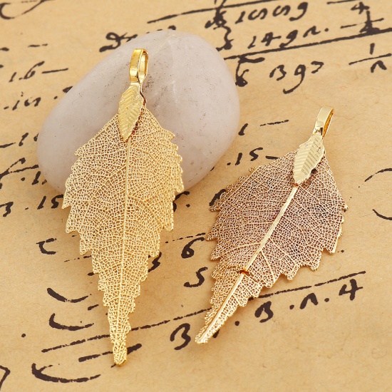 Picture of Brass & Natural Leaf Pendants Gold Plated 59mm(2 3/8") x 26mm(1"), 2 PCs                                                                                                                                                                                      