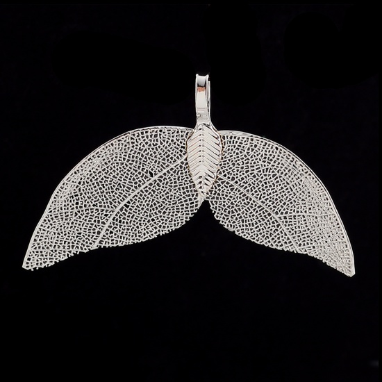 Изображение Латунь + Природный Лист Подвески Крыло Ангела Посеребренный 49мм x 30мм, 2 ШТ                                                                                                                                                                                 